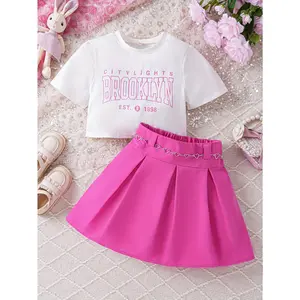 Trendy Girls 2pcs Cropped BROOKLYN Print Short Sleeve T-shirt + Skirt Set For Summer Outdoor Gift