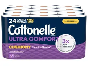 Ultra Comfort Toilet Paper with Cushiony CleaningRipples Texture, 24 Family Mega Rolls (24 Family Mega Rolls = 108 Regular Rolls) (4 Packs of 6), 296 Sheets per Roll, Packaging May Vary Disposable Unscented
