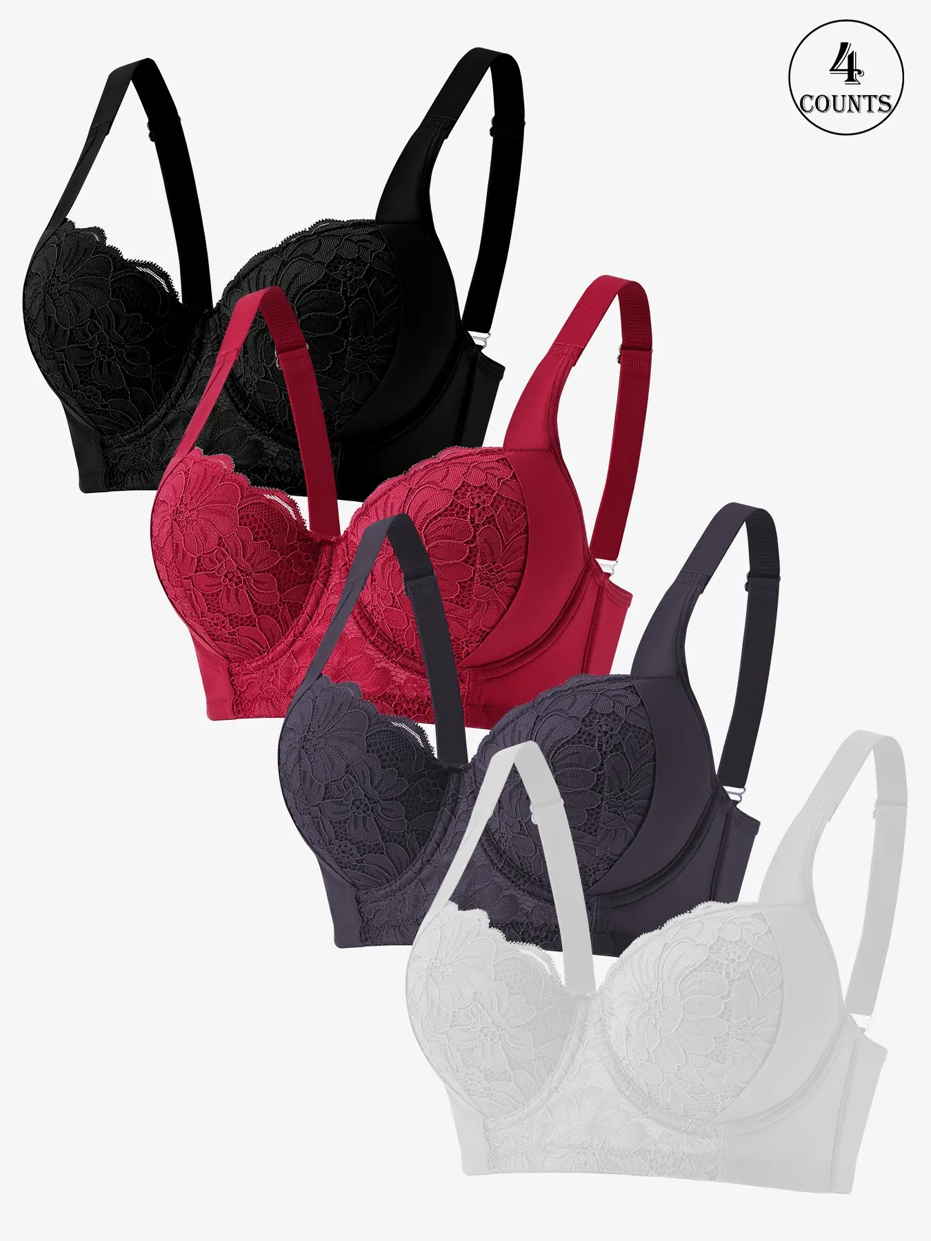 4 pieces women's lace one-piece lingerie bra with underwire, non-removable padding, soft, breathable, comfortable, Casual Comfy Bras, suitable for daily casual wear, adjustable straps with a beautiful back