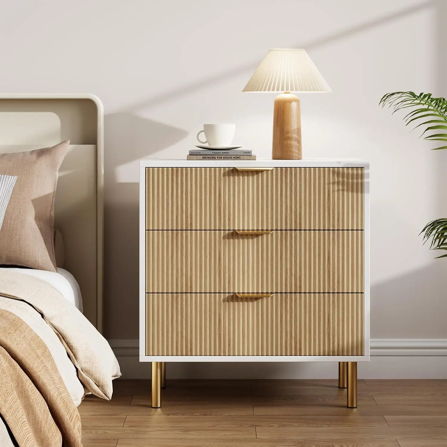 Gaomon 3-Drawer Wooden Dresser - Minimalist Storage Furniture with Gold Handles, Modern Small Organizer Cabinet for Bedroom, Living Room