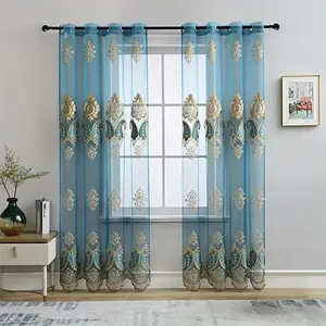 1pc Elegant Peacock Blue Floral Embroidered Curtain Set, Lightweight Luxury Light Blocking Drapes Home Decoration Curtain for Living Room Bedroom Balcony Door Decor
