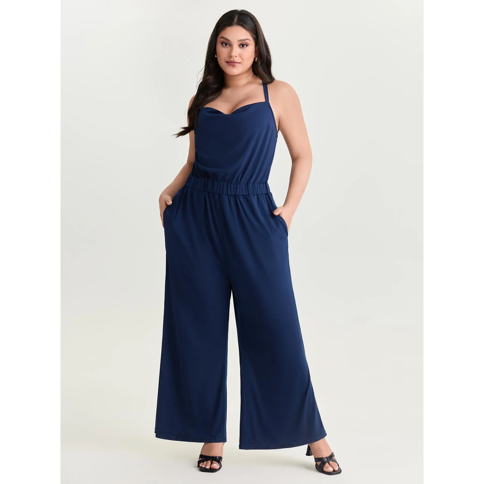 BloomChic Lady's Plus Size Cowl Neck Spandex-Polyester Fabric Jumpsuit - Casual Maxi Overalls with Crossover Straps, Side Pockets for Summer, Jumpsuits For Women, Garment, Sleeveless, Plain, Classic, Polyester Blend, Full Length, Gathered Waist, Stretchy,
