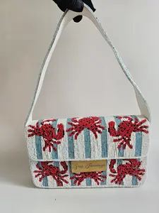 Hand-Beaded Crab Shoulder Bag, Nautical Beaded Purse Coastal Fashion Bag with Red Crabs on Blue & White Stripes