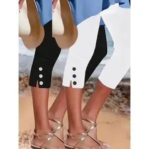 2pcs Women'S Slim Fit Capri Leggings - Navy Blue & White Button Detail, Stretchy Mid-Weight Fabric, Perfect for Beach & Casual Wear, Beachwear Essentials|   Button Detail Leggings|   Stretchy Fabric Leggings, Capri Leggings