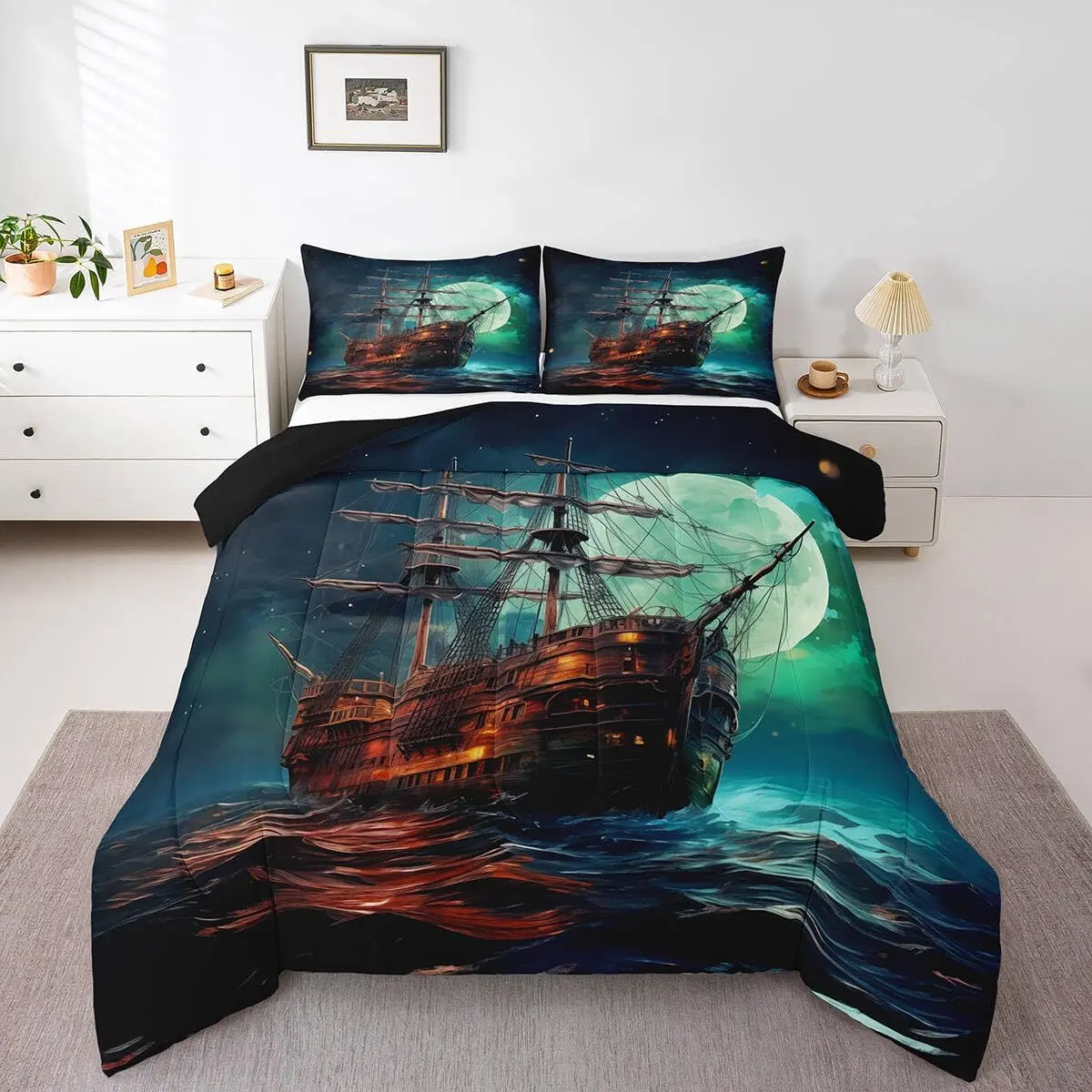 Feelyou Boys' Pirate Ship Comfy Theme Bedding Set - Ocean-Style Quilt, Classic Nautical Coastal Decorative Bedspread, Marine Sailboat Bedding for Camping, Casual Use, Comfy Bedding Set