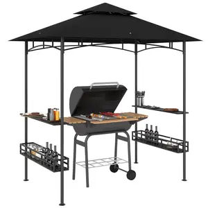 Outsunny 8' x 5' Grill Gazebo, 2-Tier Outdoor BBQ Gazebo with 2 Side Shelves, Storage Baskets and Ceiling Hook for Patio Deck Yard, Dark Brown