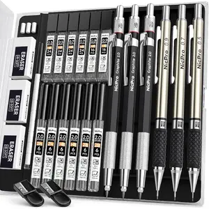 6-piece art mechanical pencil set, including 3 metal drawing pencils (0.5mm, 0.7mm, 0.9mm) and 3 2mm graphite refills (2B, HB, 2H), suitable for writing, sketching, and drawing, comes with a refill box