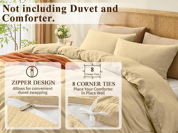 Bedlifes Muslin Duvet Cover Set- 100% Organic Cotton, Soft Textured Gauze Weave Comforter Cover for Breathable All-Season with Zipper Closure - 3 Piece Set