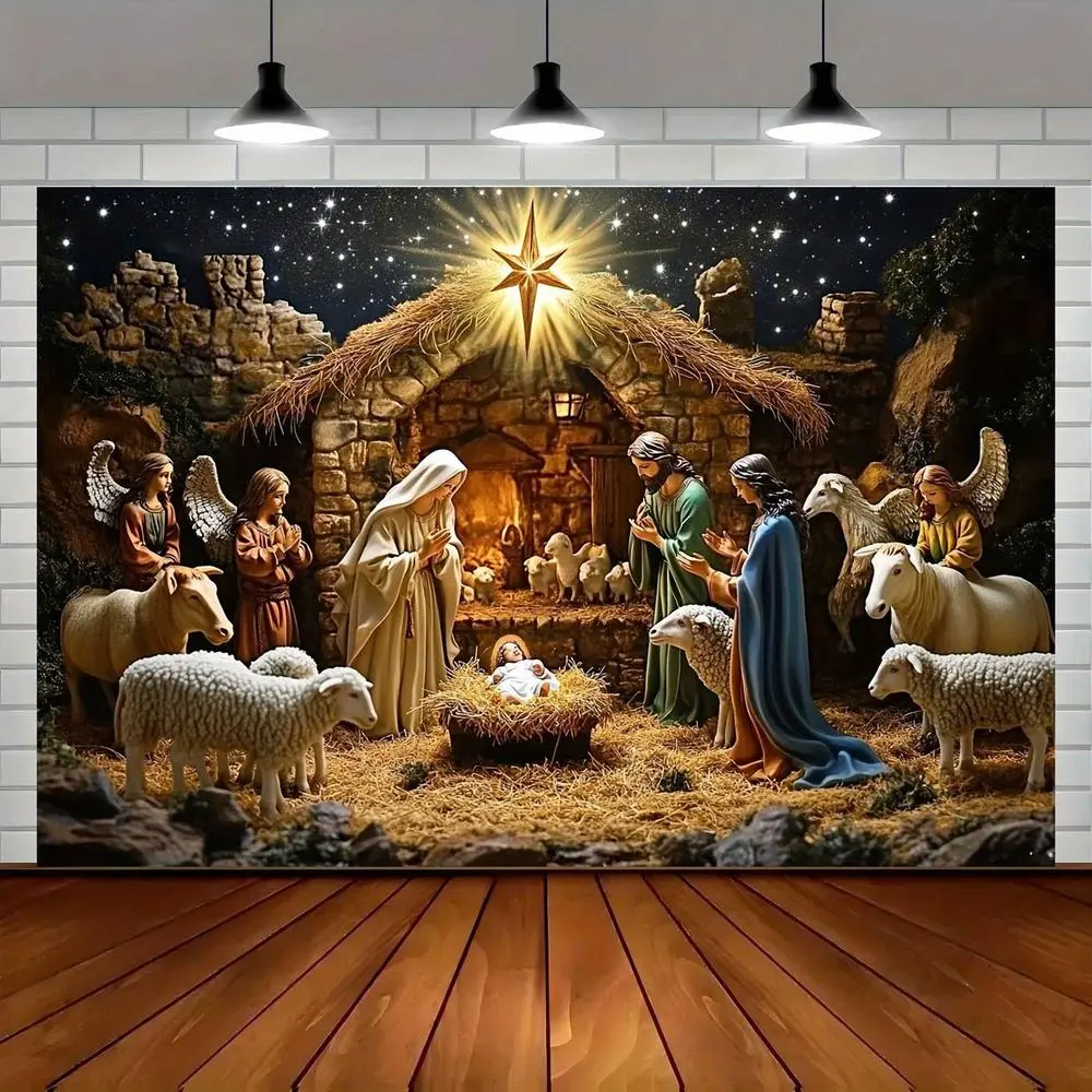 1pc Durable Poly Fabric Flat 2D Christmas Nativity Scene Wall Hanging Backdrop Banner, Featuring Angels, Sheep, Starry Night Sky, for Holidays Photography, Home Decor