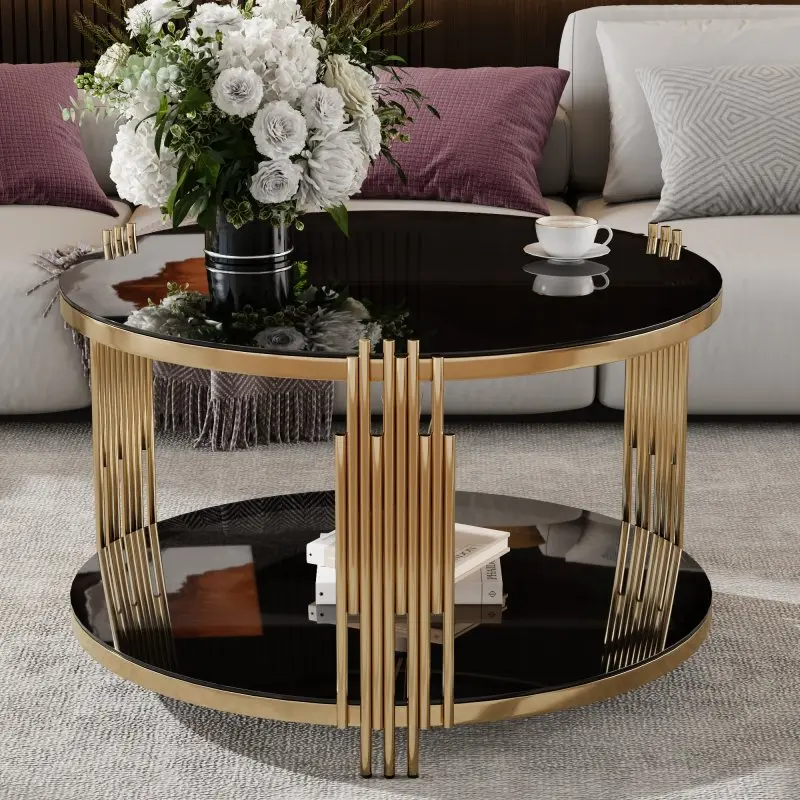 [Bellemave]Modern Black Mirror Coffee Table, Asymmetrical Metal, Circular Metal Drum Base, Gold Finish & Lower Shelf