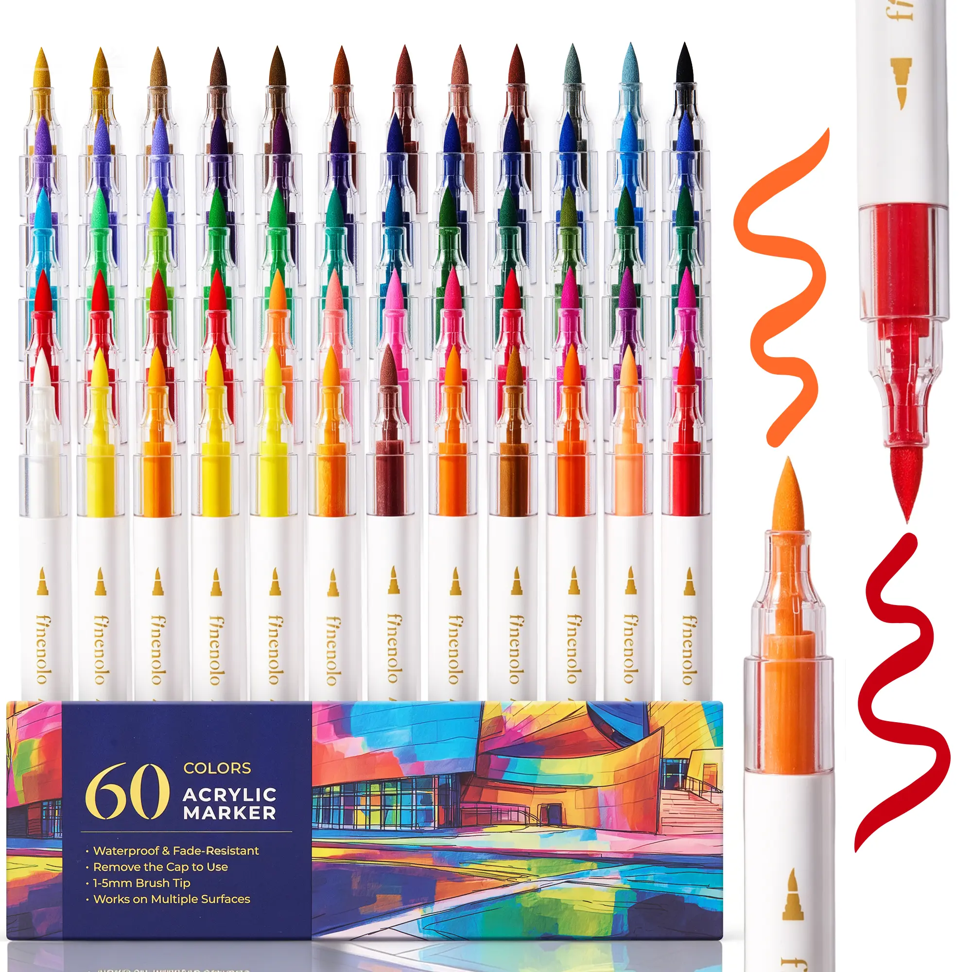 FINENOLO Brush Tip Acrylic Paint Markers Set (24/36/60 Pack) with Portable Stackable Storage Box, Premium Acrylic Paint Pens for Rock Painting, Fabric, Ceramic, Wood, Canvas, DIY Crafts Art Supplies