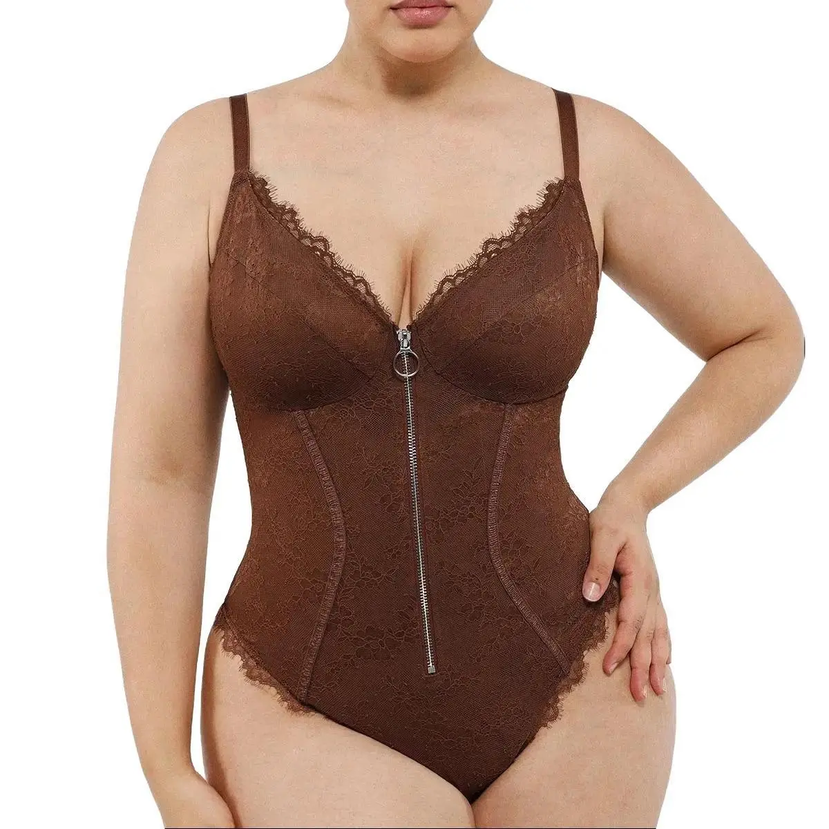 Shapellx Sleeveless Women's Nylon Bodysuit with Front Zipper Flexible Shoulder Band Thong Lace Glamour Underwear Tops