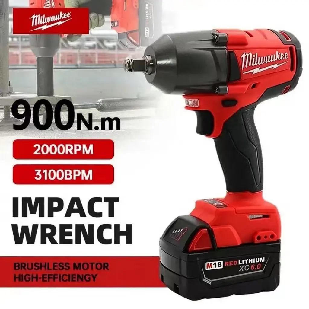 Milwaukee Cordless Electric Wrench 18V Brushless Impact Wrench 12.0Ah Battery 900N.M Heavy Duty Tool