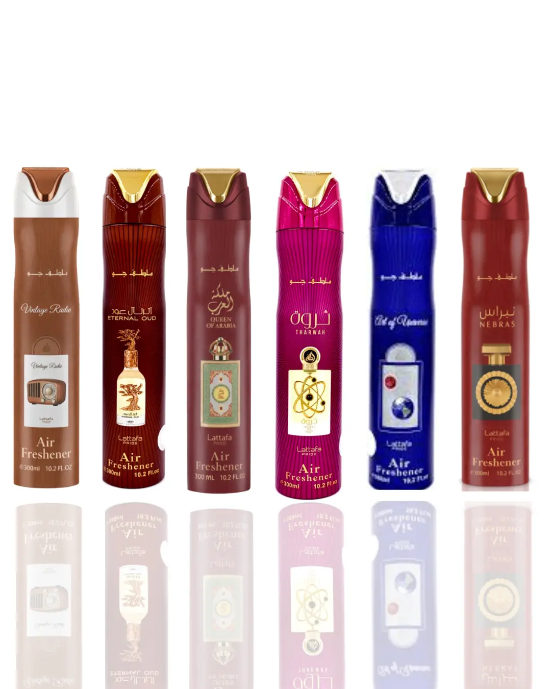 Lattafa Unisex Scented Home Fragrance Air Freshener 6-Piece Bouquet - Vintage Radio, Eternal Oud (Woody), Queen Of Arabia (Peony Flower), Tharwa (Vanilla), Art Of The Universe (Perfume), Nebras (Lavender)