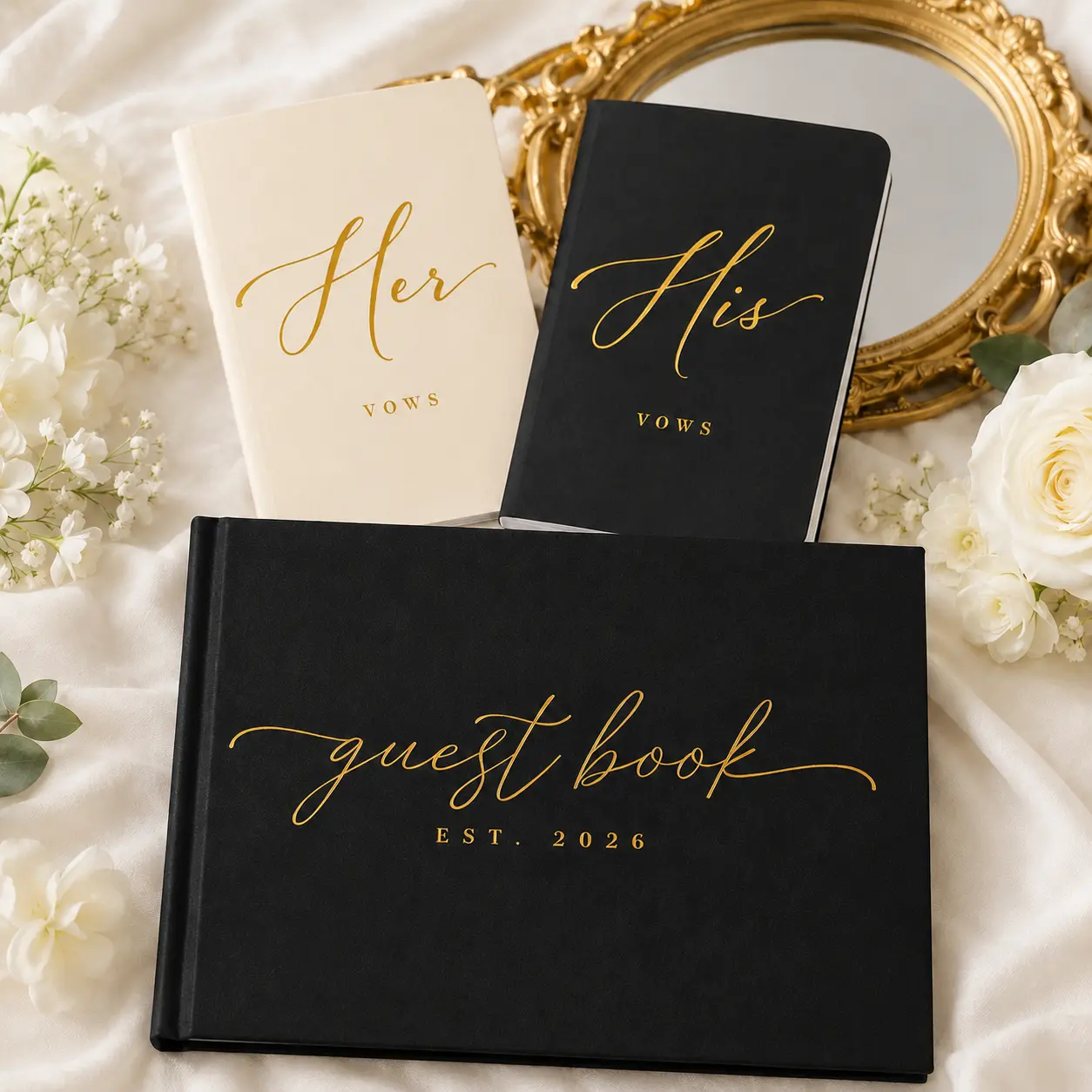 Artesori Premium Linen 2026 Wedding Keepsake Set - Gold Foil Guest Book, His & Hers Vow Books for Bride & Groom, Elegant Engagement Gift for Bridal Shower & Wedding Registry Ideas