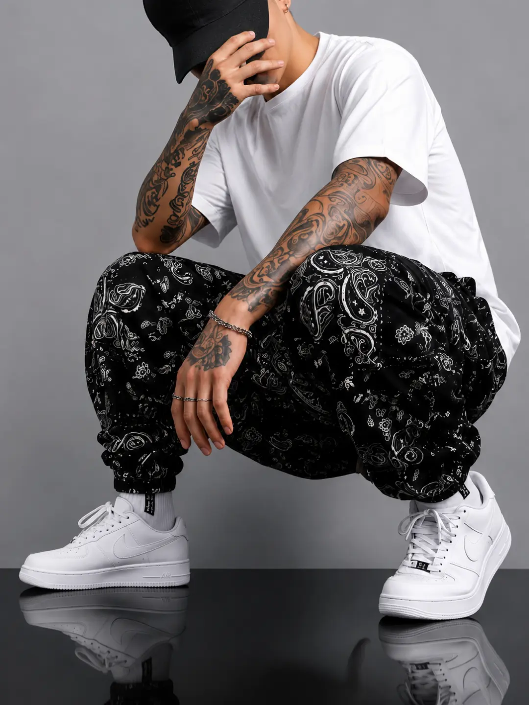 Men's Vintage Paisley All-Over Print Polyester Harem Pants - Casual Wear Ankle-Length Jogger Pants with Drawstring Waist, Tapered Leg, Elastic Cuffs, Sizes S,M,L