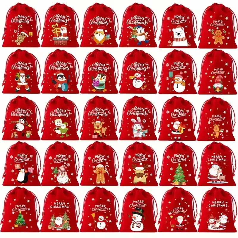 30pcs Christmas Drawstring Bags, Santa Gingerbread Elf Patches, Candy & Gift Pouches, Festive Holiday Storage Solutions, Party Gift Packs