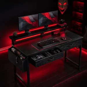 【College Back to School】39‘’ Compact Study Desk with 2 Storage Drawers,Gaming desk perfect for Apartments & Dorm-style Rooms,Computer desk with LED light, Home-Office Desk with Monitor Stand,Writing Table with Anti-Tip Design, Easy to assemble,Black