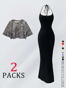 Women's Camo Print, Camo Print Crop Tee & Bodycon Maxi Dress, Casual Chic Fitted, Casual Fashion Cozy Breathable for Daily Wear, Ladies Clothes for Summer Outfit, Womenswear