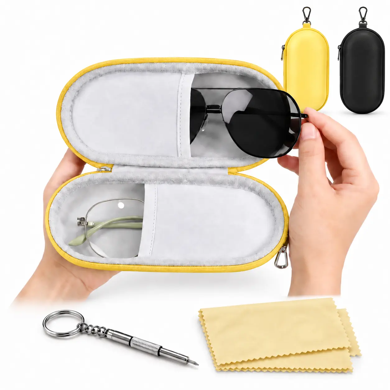Dual Eyeglasses Case for 2 Pairs – Hard EVA Shell Glasses Storage Case with Soft Lining, Zipper Closure & Hanging Clip, Compact Travel Case for Eyeglasses and Sunglasses