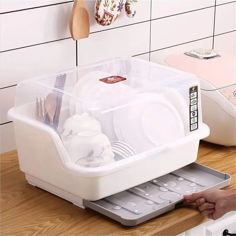 Medium Size Dish Drying Rack and Drain Board with Lid Cover, 16" x 12.2" x 10.6" Nursing Bottle Holder, Kitchen Plate Cup Tray Cutlery Drainer