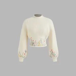 Cider [5 colors, size 2-26] Knit High Neck Floral Embroidery Long Sleeve Crop Top