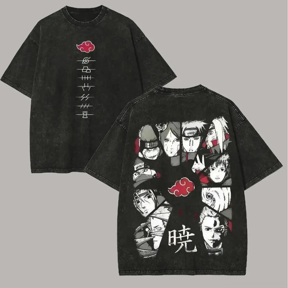 Men's Naruto Akatsuki All Members Printed Cotton T-Shirt - Round Neck, Soft Fabric, Vintage Acid Wash, Oversized Retro Streetwear Anime Graphic Tees