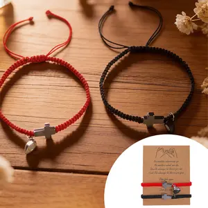 Two hearts, one faith Inspirational Christian Cross Bracelet - Magnetic Heart Couple Jesus Bracelet - Red & Black Rope Braided Adjustable Design With Jesus Blessing Card, Christian Baptism & Valentine's Day＆ boyfriend＆girlfriend Gift