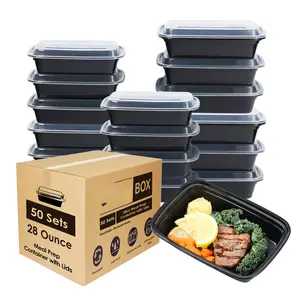 28oz 50pk Rectangle Black Meal Prep Containers with Lids, Party Plates, Catering Plates, Reusable, Stackable, and Microwave Safe
