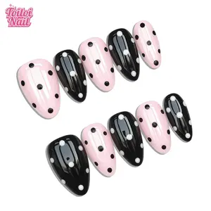 Polka Bow Handmade Press-On Nails, Decorative Nails, False Nails, Nail Art Design, Short Oval Shape, 10pcs, Retro Pink Black Design, Polka Dot Pattern & 3D Bow & Accents, Reusable DIY Nail Kit for Women, Nails for Spring, Summer, Dates & Daily Wear, Y2K