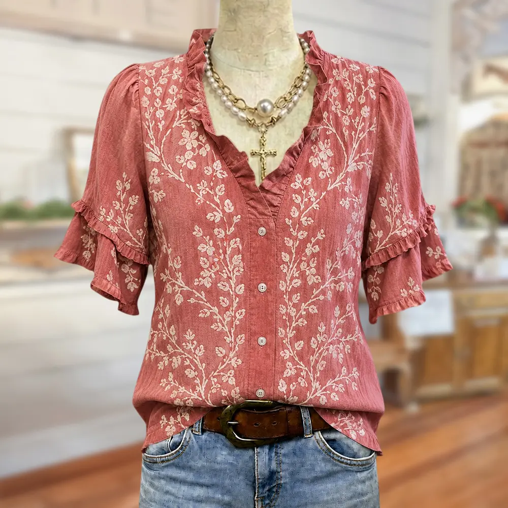 Sage Vell 100% Cotton Womenswear Floral Print Ruffled V Neck Button Front Tiered Sleeve Blouse