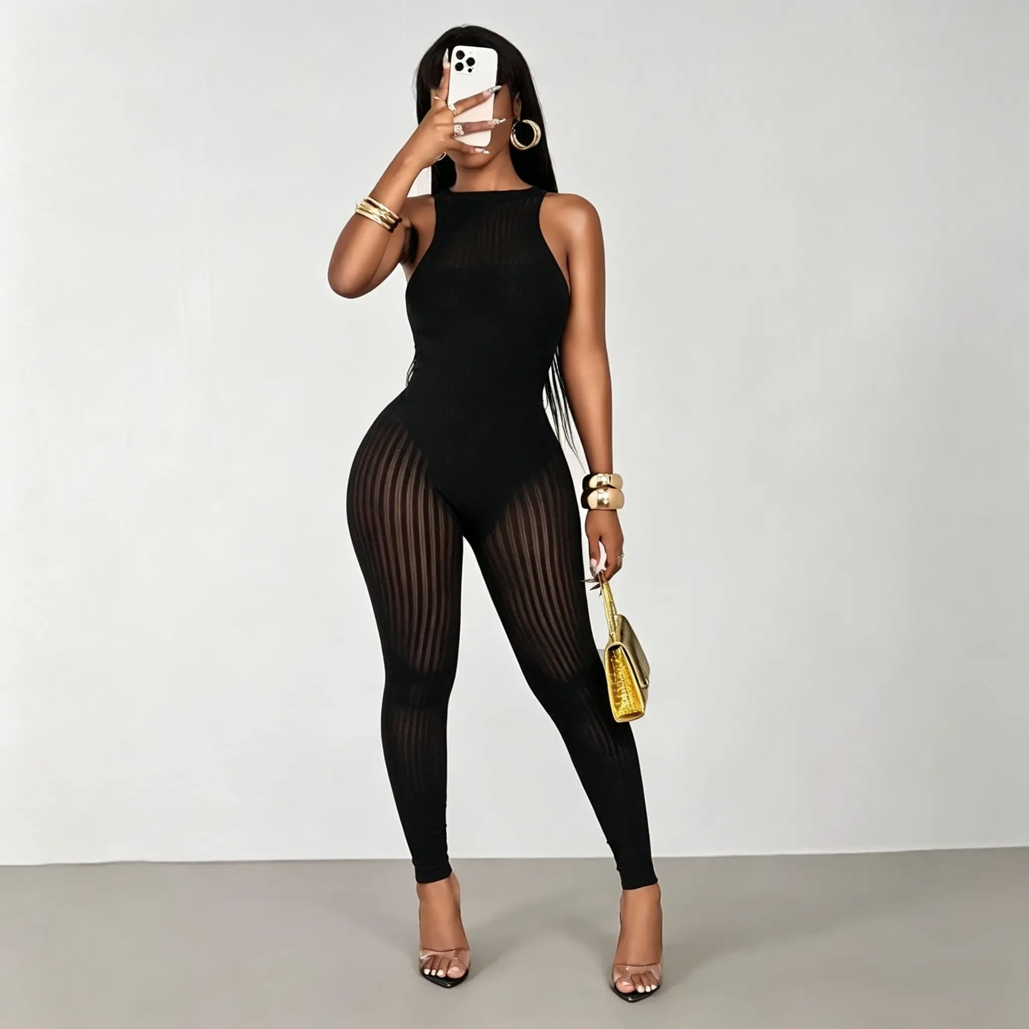 Women's Sheer Ribbed Mesh Jumpsuit, Sleeveless Bodycon See-Through Romper, High Neck Seamless Clubwear Bodysuit, Sexy Slim Fit One-Piece Outfit for Party, Night Out, Vacation and Casual Womenswear Overalls Style