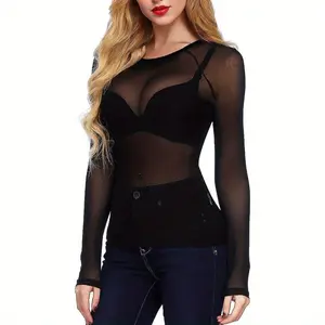 Solid Color Women's Sheer Long Sleeve Top, Mesh Fishnet Top, Sexy Sheer Mesh Blouse#Summervibes