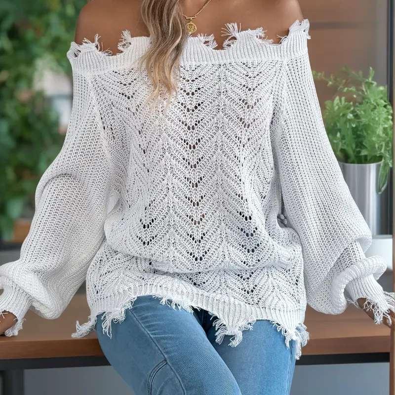 Women's Plain Hollow Out Off Shoulder Fitted Sweater Tops, Casual Long Sleeve Raw Hem Jumper for Fall & Winter, Fashion Ladies' Essential Knitwear, Womenswear for Daily Wear