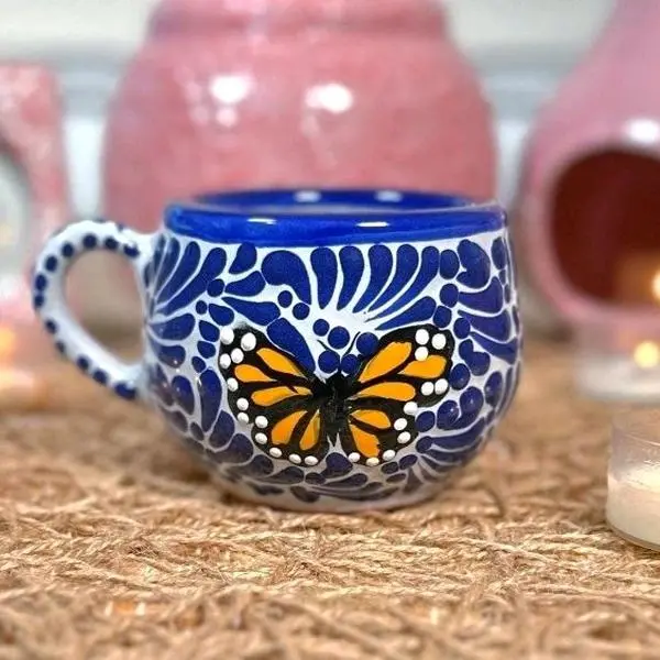 Talavera Original Blue Butterfly Chocolatera Mug 8oz or Spinning Mug Tree Handcrafted Ceramic Drinkware Set Made in Mexico kitchen home decor birthday gift for her Coffee Cup Handmade  Reusable Washable