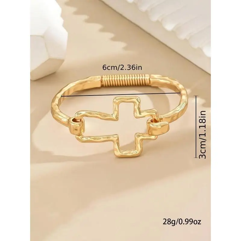 Golden Tone Cross Design Cuff Bangle for Adults, Fashion Zinc Alloy Bracelet, All-Season Jewelry for Daily Wear, Birthday Gift, Cross Design Bangle, Trendy And All-Match, Unisex, Open Cuff Bangle, Accessories tiktokshopbacktoschool