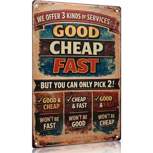 Vintage Aluminium Business Humor Metal Sign - 12×8 in Weatherproof Plaque, 3-Service (Good, Cheap, Fast) Retro Home Decor Gift for Workshop, Contractors