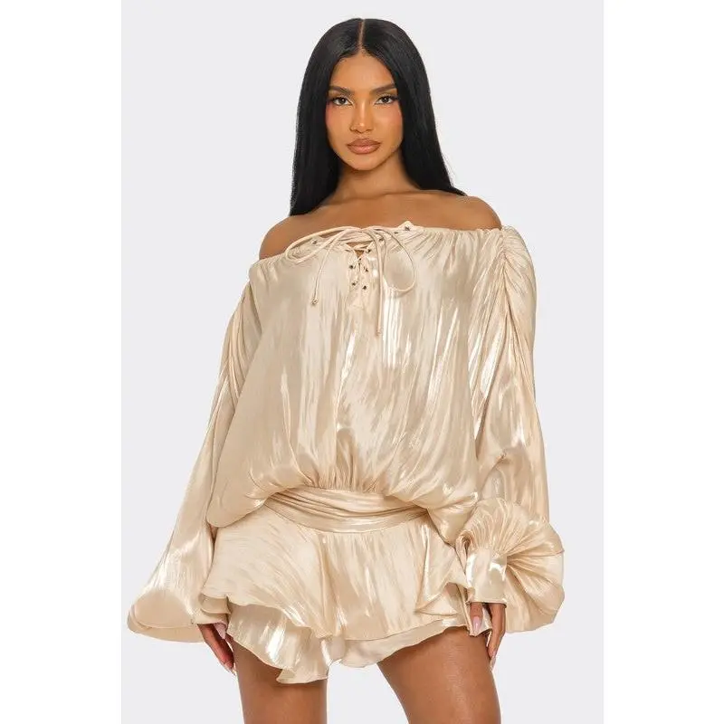 Make It Metallic Champagne Dream Romper - Off Shoulder Lace Up Top with Ruffled Shorts & Metallic Fabric for Women's Summer Wear - Light, Overalls, Statement Style