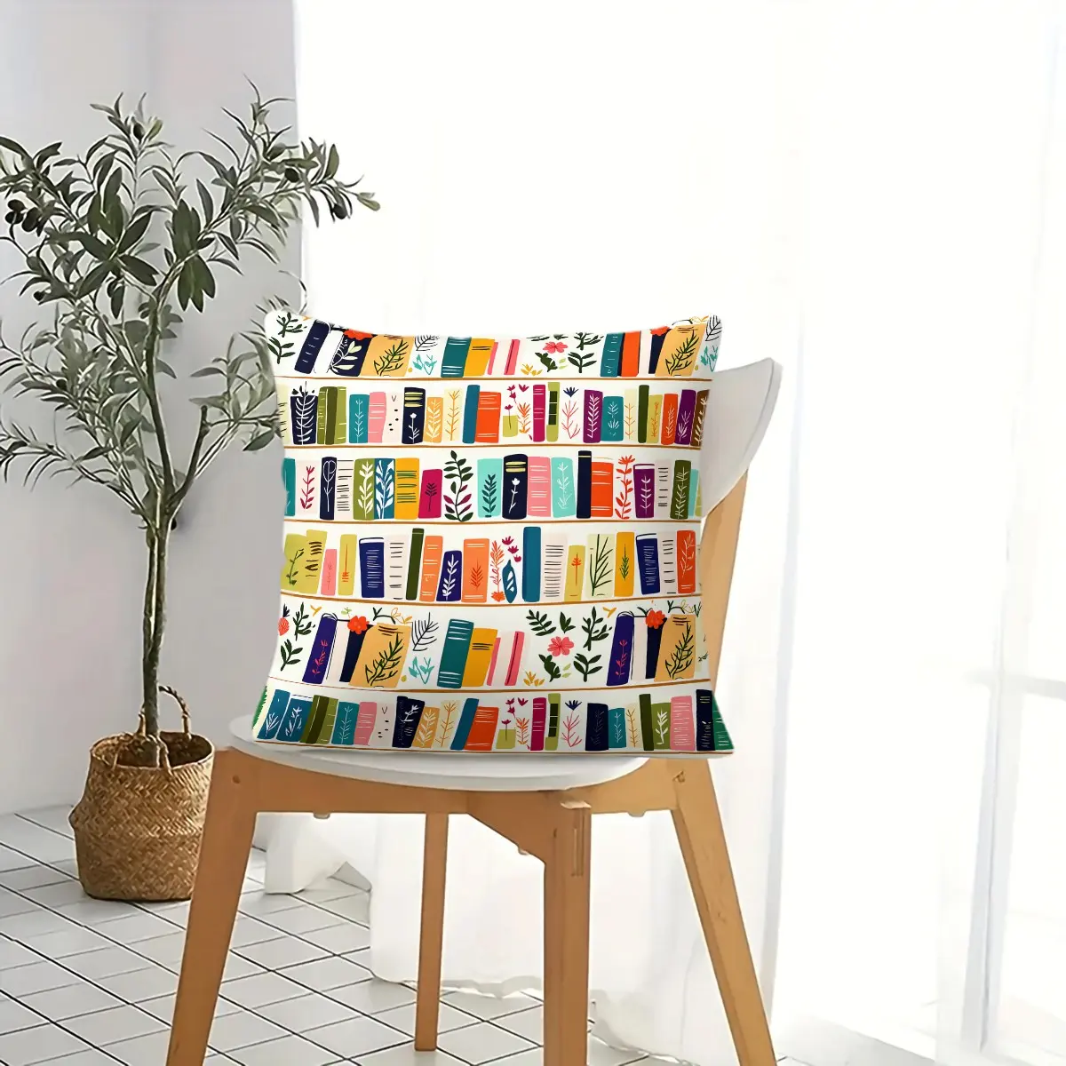Botanical Bookshelf Print Throw Pillow, Book Lover Themed Decorative Cushion, Reading Nook Accent Pillow, Includes Pillow Core, Soft Fabric Pillow for Couch Bed Bedroom Home Decor