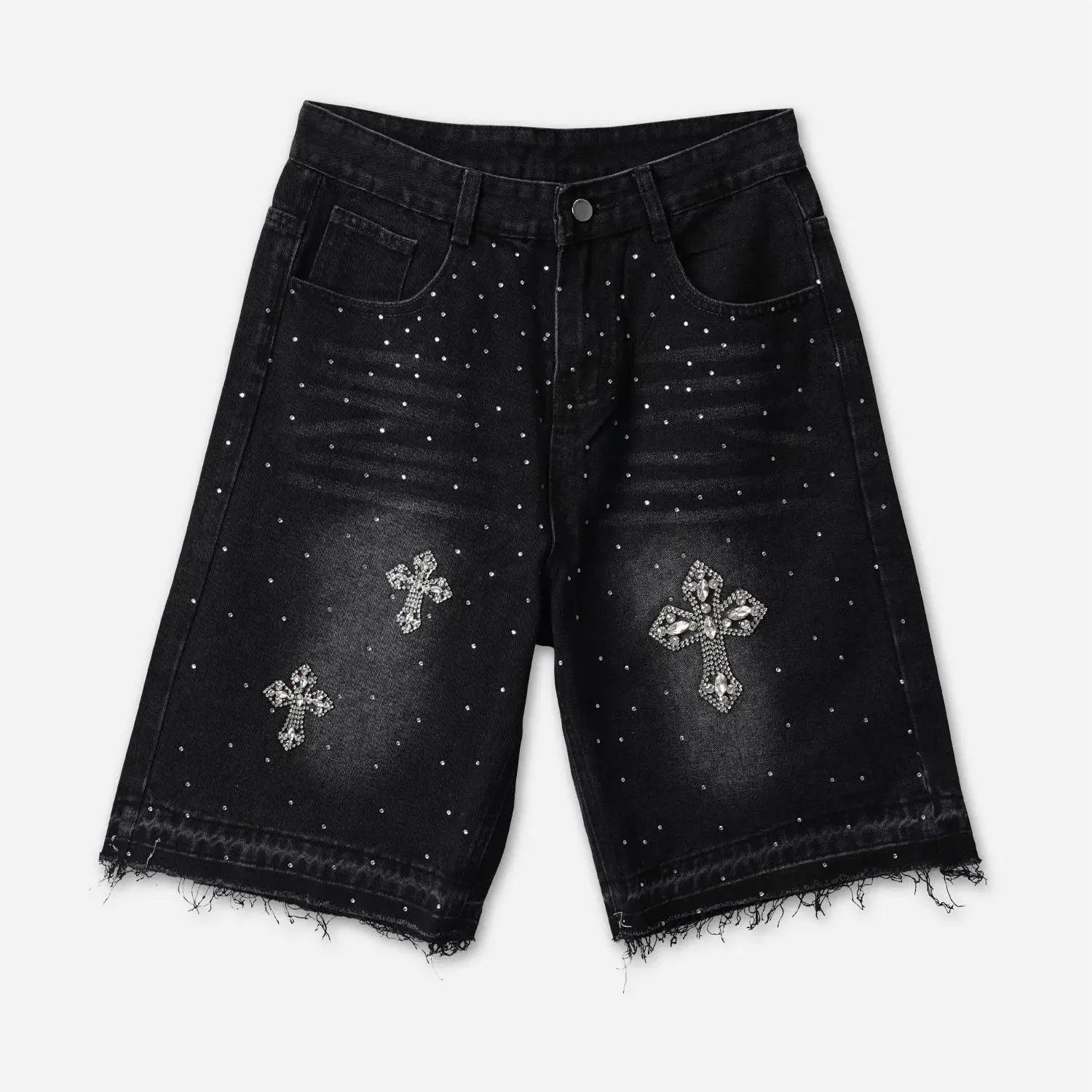 Sopula Studio Men's Baggy Hiphop Denim Jorts with Cross Hot Diamonds - Menswear Streetwear Drip Clothing Bottoms Shorts