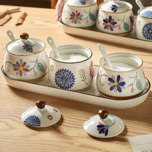 4pcs Set(1 Tray, 3 Jars with 3 Spoons) Hand-Painted Ceramic Spice Bottle Set, Including 3 10-Ounce Lidded Sugar Jars, Spoons, and Tray for Kitchen Storage, Food Storage, Seasoning Storage, Such as Salt, Sugar, Seasoning Agents, Etc