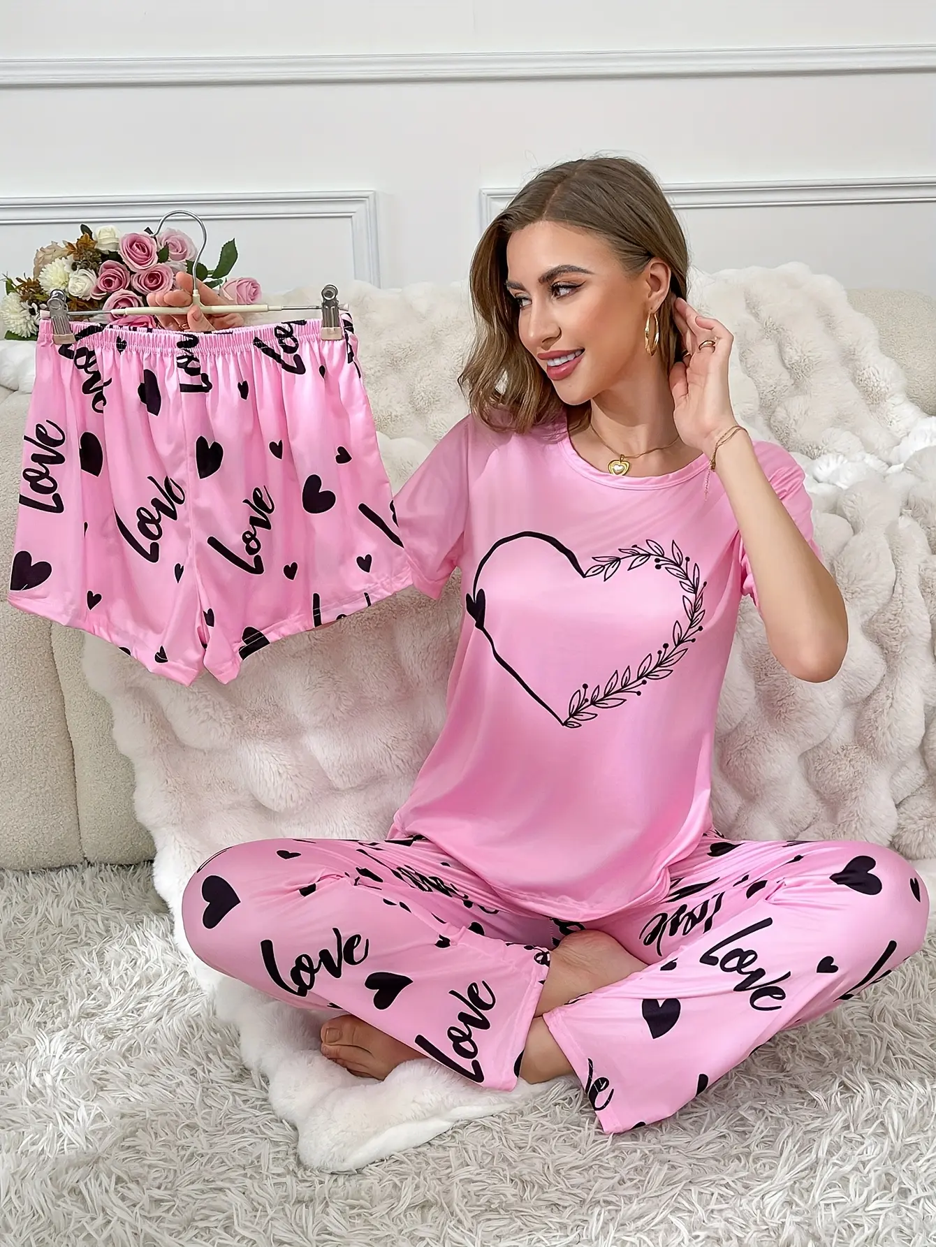 Women 3-Piece Pink Heart Print Pajama Set, Soft Silky Short Sleeve Top, Matching Long Pants & Lounge Shorts, Cute Love Letter Lightweight Summer Loungewear, Stretch Cozy Sleepwear, Sweet Ladies Daily Home Pjs Gift