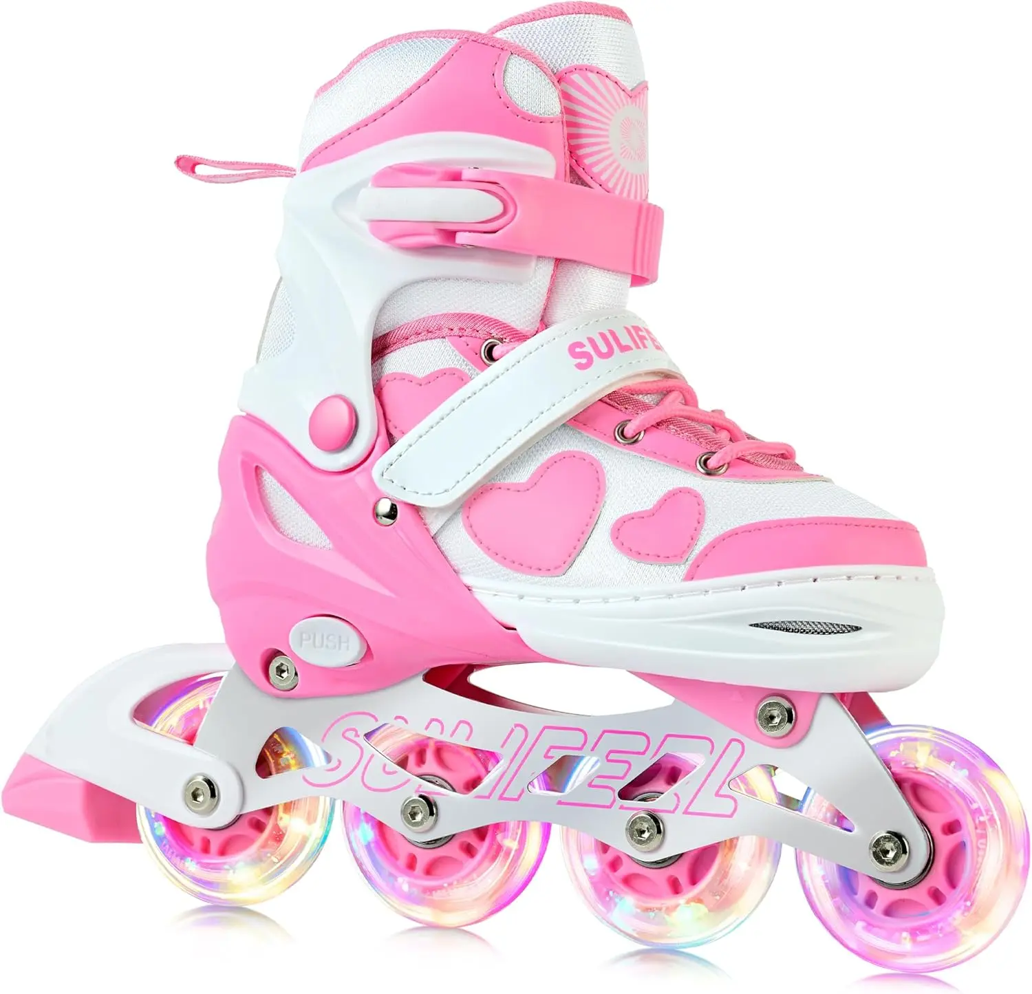 SULIFEEL Love Hearts 4 Size Adjustable Kids Inline Skates for Girls with Fluffy Pom Light Up Wheels Ages 3-12 Girls Birthday Gift for Indoor Outdoor Sports