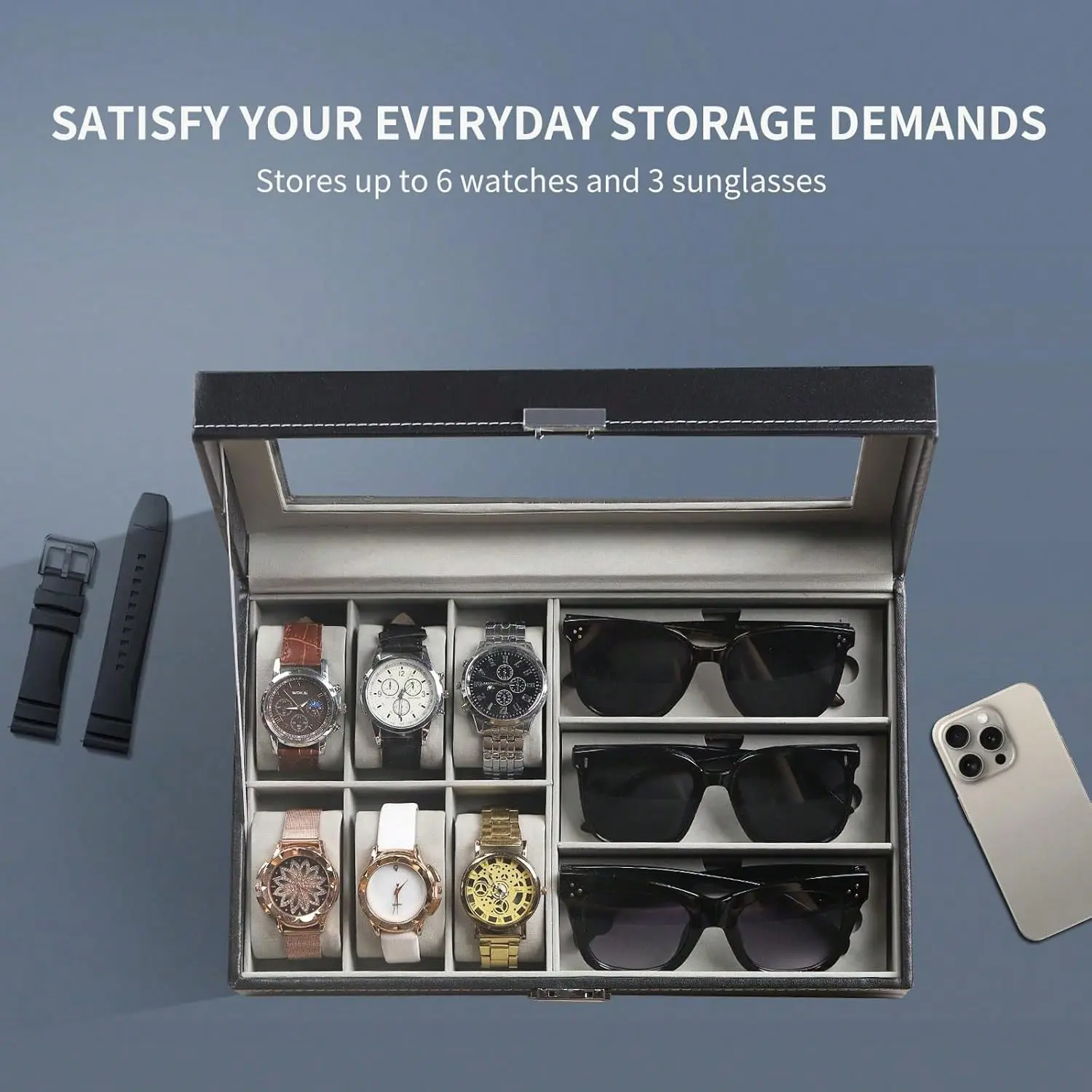Black Leather 6-Watch & 3-Eyeglasses/Sunglasses Organizer Box with Glass Top, Jewelry Display Case, Men's/Women's Storage Holder, Gift