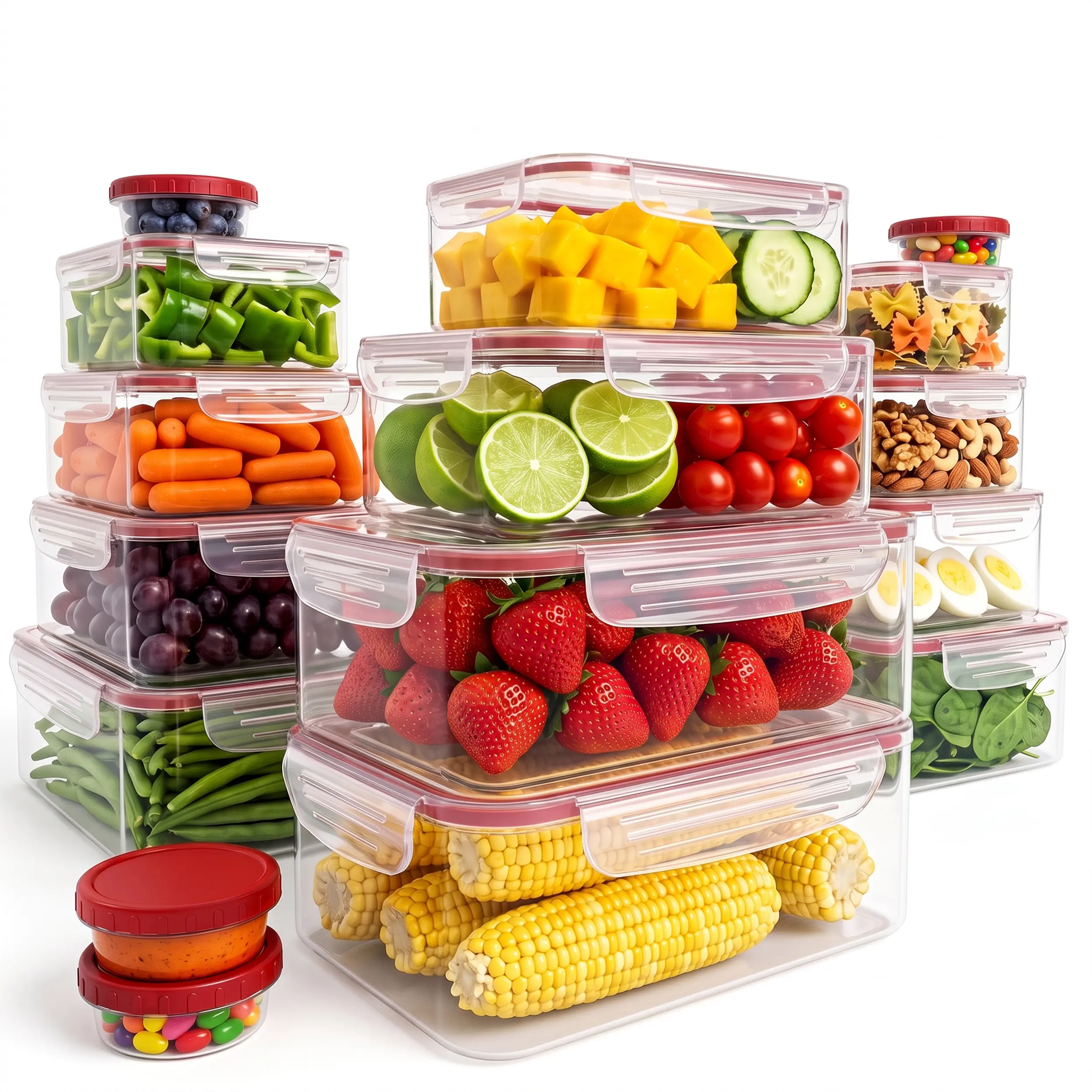 Kichly Multi-Size Rectangular Transparent Plastic Food Storage Containers - Airtight Lidded, Leakproof, Reusable Meal Prep Lunch Boxes (Red, Pack of 32), Varied Capacities