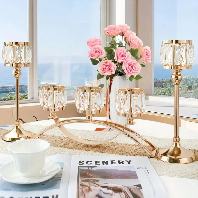 3-Piece Set, 3-Arm Crystal Bowl Tealight Candelabra, Votive Candle Holder, Wedding Centerpiece for Tables, Home Decoration, Crystal Candlesticks, Home Accessories, Candle Holder Centerpieces, Candle Holders for Table Centerpiece, Decoration Items