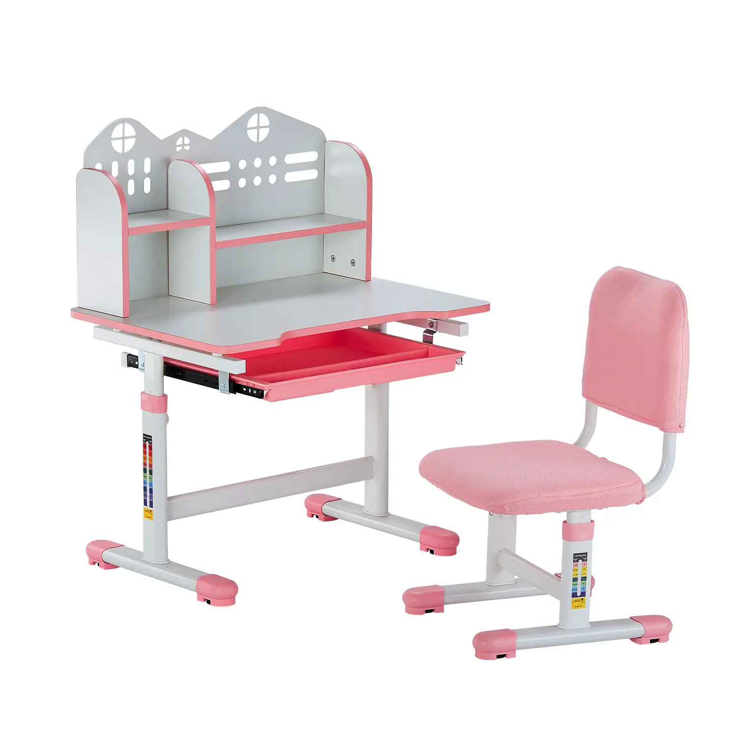 【SummerFinds】VEVOR Kids Study Chair and Desk Set, Study Desk and Chair for Kids with Bookshelf and Storage Drawer, Adjustable Height Kids Study Desk with Chair, Children Study Table for Bedroom & Study Room, Pink