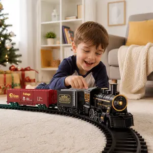 Rechargeable Electric Steam Engine Train Toy Set with Sounds, Lights, Curved Railway Tracks, Cargo Car, USB Charging Cable, Water Bottle, Classical Locomotive Model Kit – Train Gift for Christmas Tree