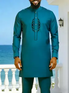 Men's African Dashiki Set, Casual Round Neck Long Sleeve Button Embroidered Pocket Split Hem Top, Drawstring Waist Pants, All Seasons