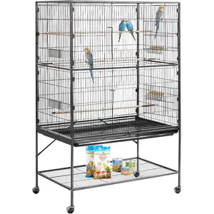 VEVOR Bird Cage, 31.5x 20.5x 52 inch, Flat Top, Wrought Iron Bird Flight Cage with Perches, Slide - Out Tray and Plastic Feeders, Casters, for Parrot, Blue Tit, Cockatiel, Canary, and Monk Parakeet